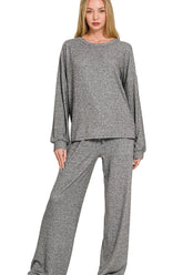 Zenana Soft Melange Hacci Long Slv Tee & Pants Set OutfitFlow